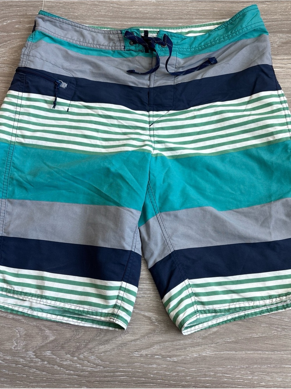 Patagonia Teal, Navy & Gray Striped Men's Board Shorts